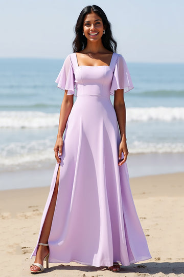 Chiffon A Line Lilac Bridesmaid Dress with Slit